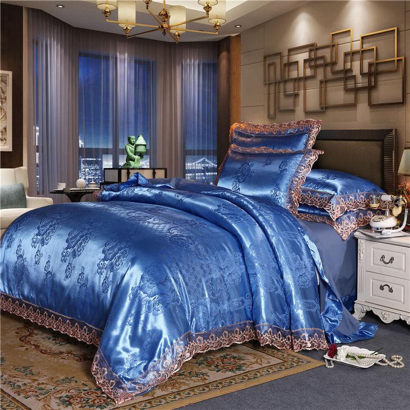 4-delige Beddengoedset Luxe Bedlinnen Luxe Zijde Kant Dekbedovertrek Dekbedovertrek Hoeslaken Zachte Kussensloop Queen (4pcs)