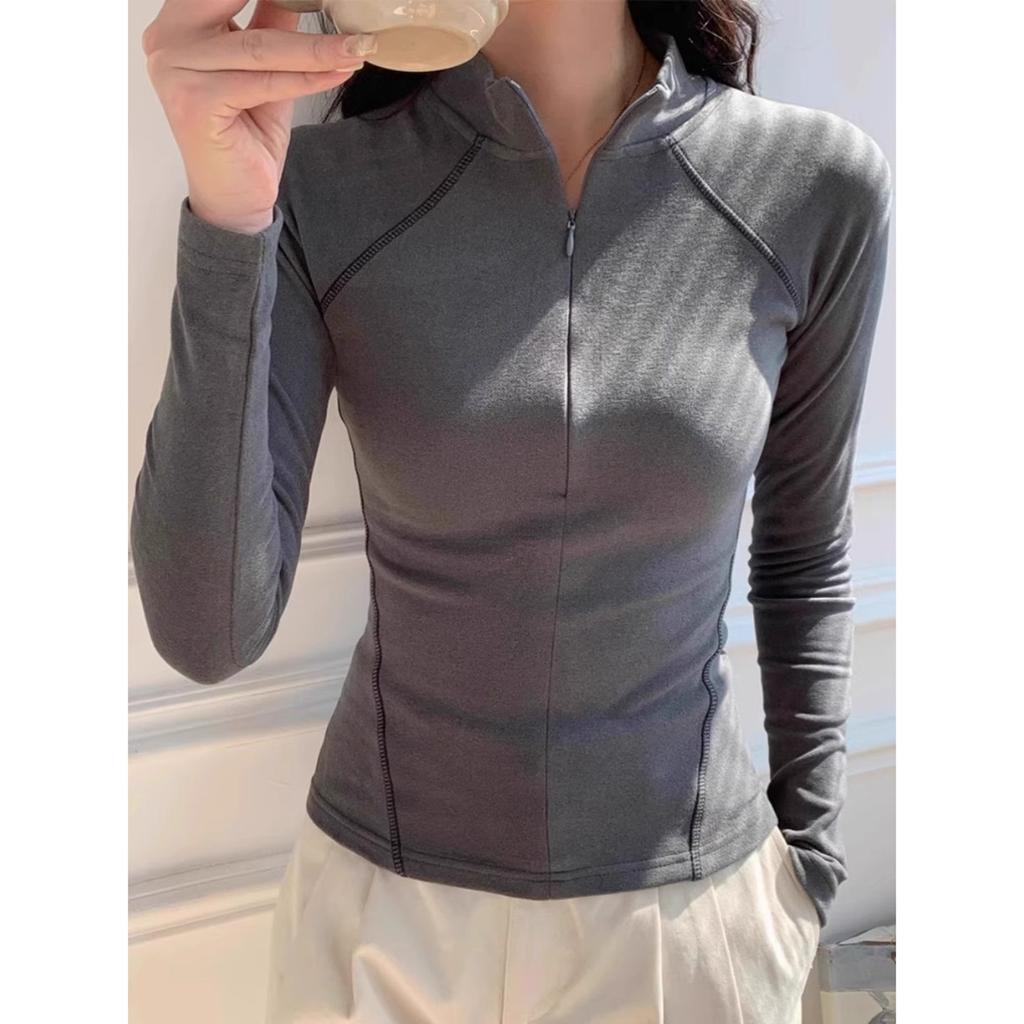Semi-turtleneck zipper bone 2025 autumn and winter new shirt T-shirt casual versatile women