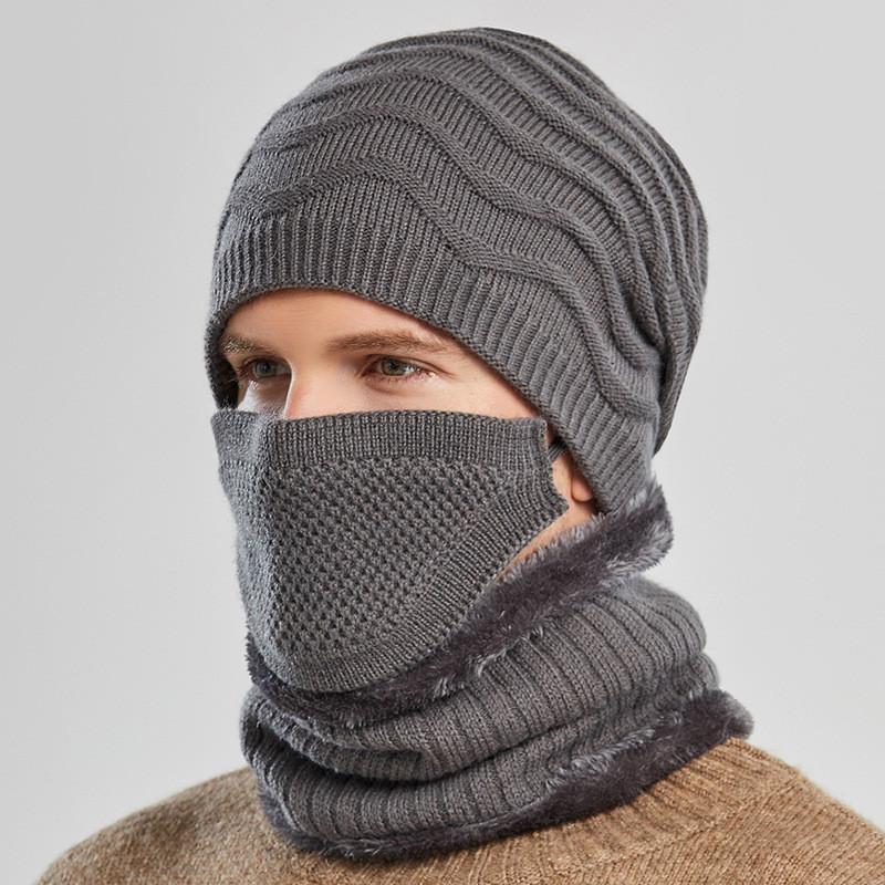 Knitted Hat Men Winter Warmth Windproof Cap Scarf Threepiece Set For Commuting