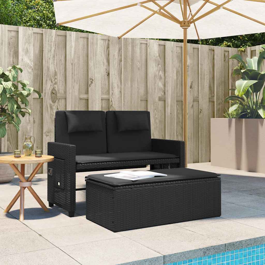 Vidaxl Folding Garden Bench With Cushions, Black, Poly Rattan