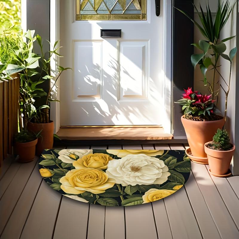 1 Stück Gelb Weiß Rose Halbkreis Willkommen Fußmatte Rutschfest für Außenbereich Terrasse Veranda Küche Badezimmer Eingangsbereich Bodenmatte