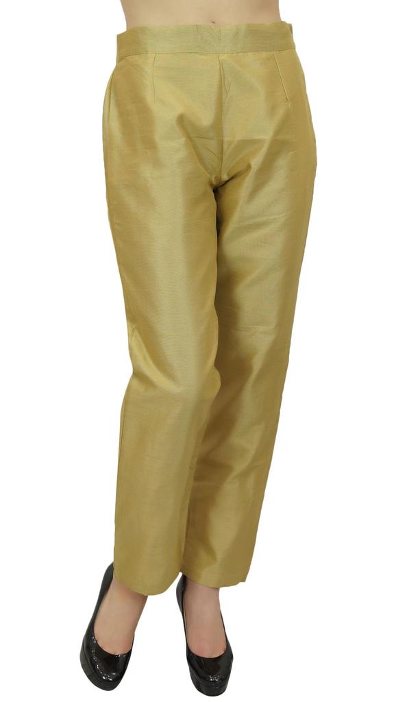 Phagun Women's Beige Dupion Pants High Waist Narrow Bottom Trousers-Large