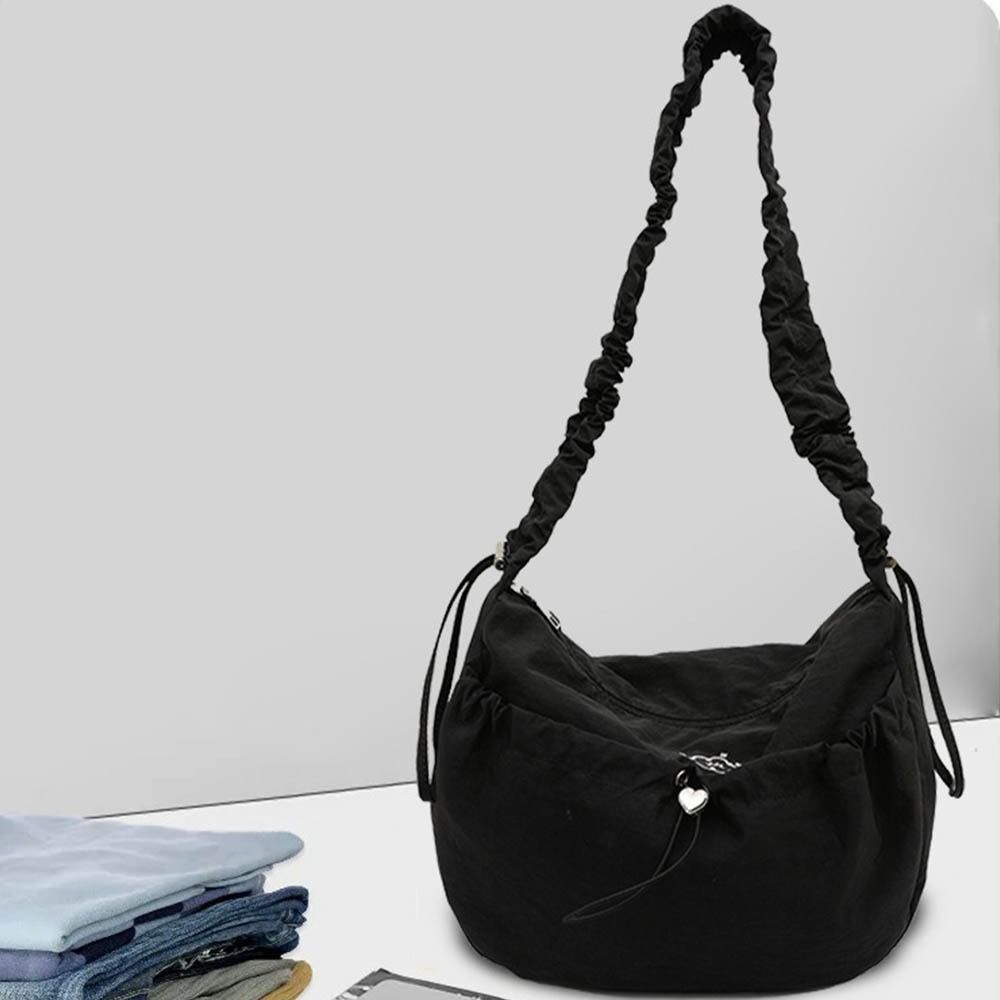 Large-Capacity Drawstring  Crossbody Bag Solid Color Tote  Bag Fashion Pleated Shoulder Bag  Girls