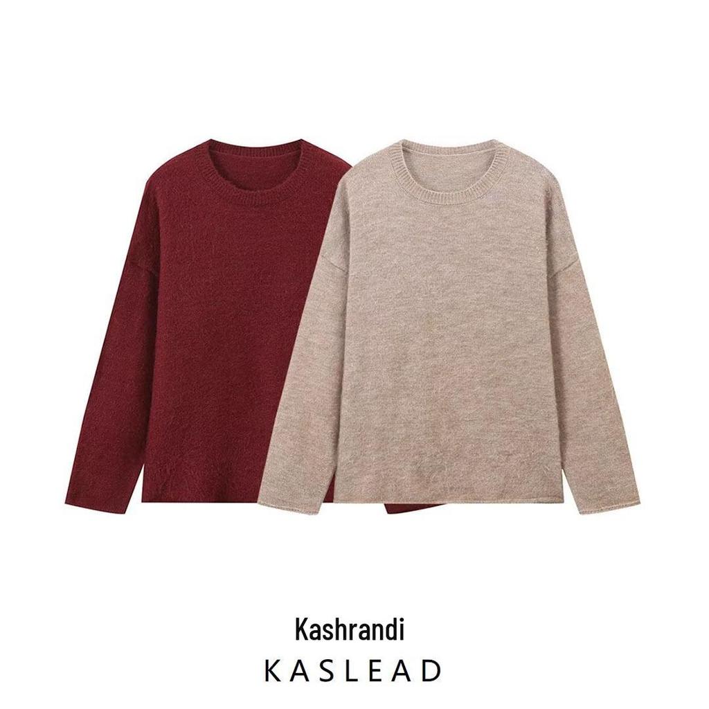 2024 Autumn Women's Wine Red Round Neck Brushed Long Sleeve Top - European & American Fashion Style