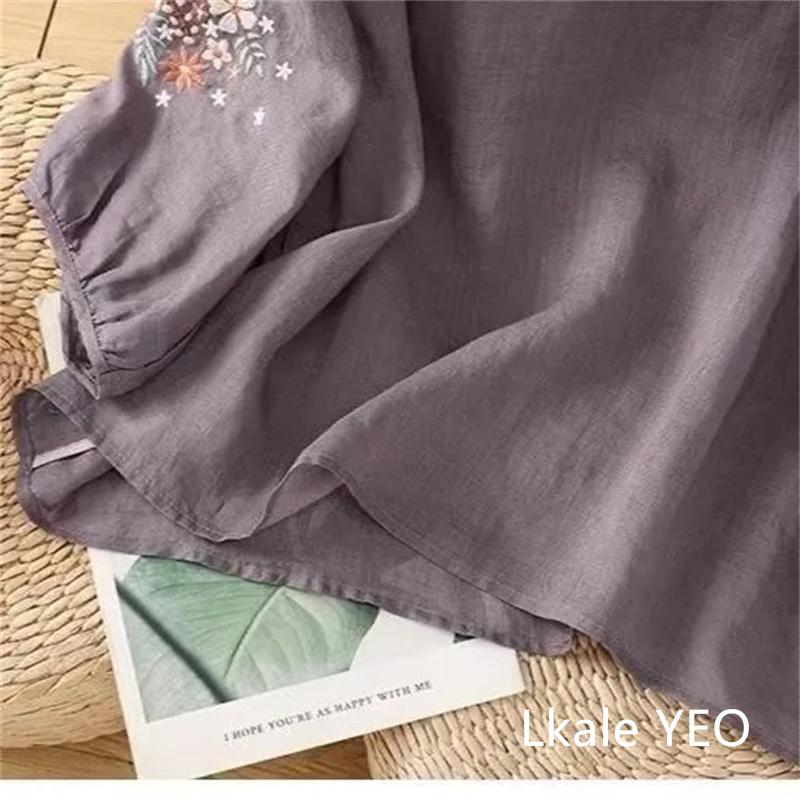 Embroidered Fashion Three-quarter Sleeve T-shirt Summer Loose and Thin Cotton Round Neck Pullover Small Shirt Top