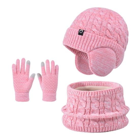 3Pcs/Set Kids Hat Scarf Gloves Set Solid Color Twist Texture Fleece Lining Earflap Hat Touchscreen Gloves Neck Warmer Set Cold Weather Accessories