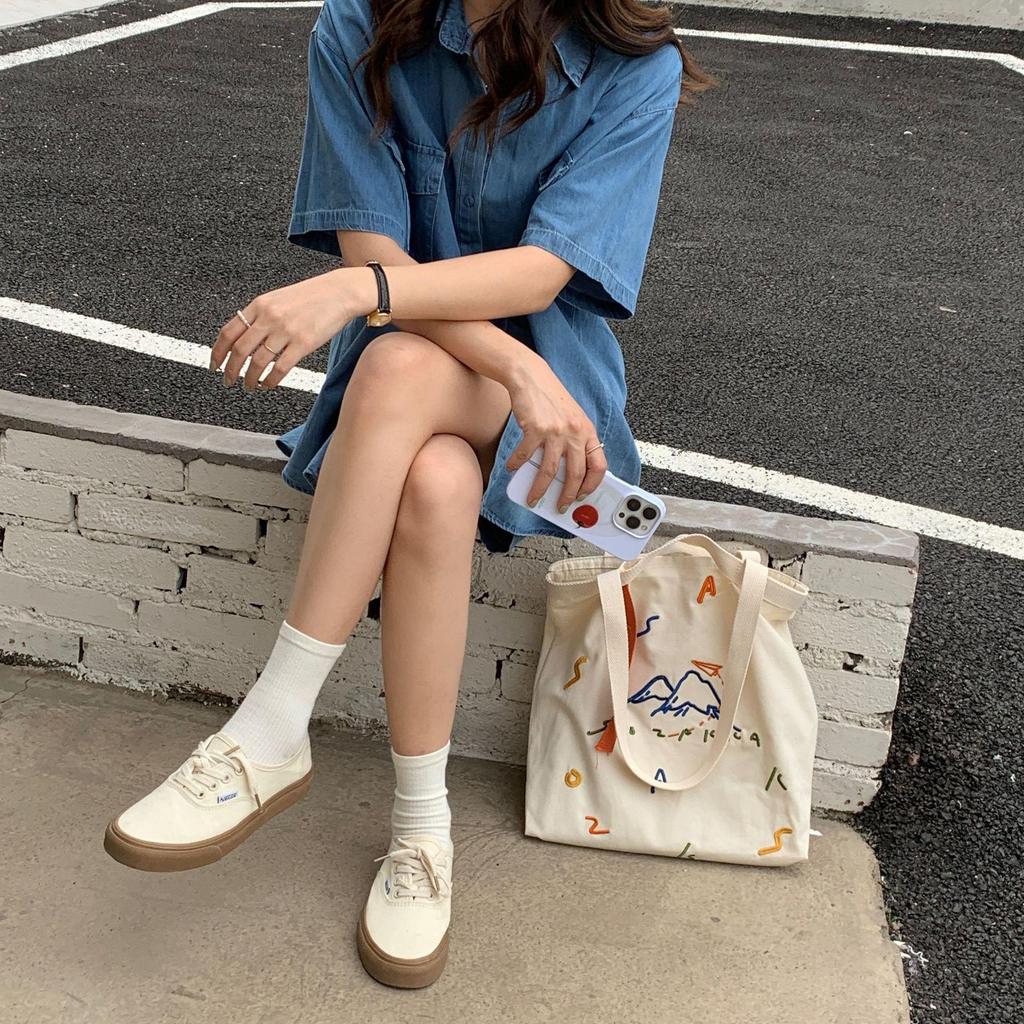 Women Color Contrast Weave Belt Canvas Shoulder Bag Embroidered Large Capacity Student Tote Bag