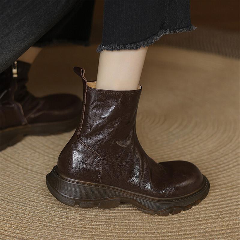 Fashion New Autumn Winter Genuine Leather Women Boots Fashion Chelsea Boots for Women Round Toe Short Boots Platform Shoes Botines Mujer