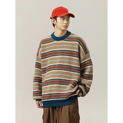 Retro Contrast Striped Round Neck Sweater Men's Autumn and Winter Models Thick Needle Loose Lazy Wind Soft Waxy Pullover Sweater Jacket