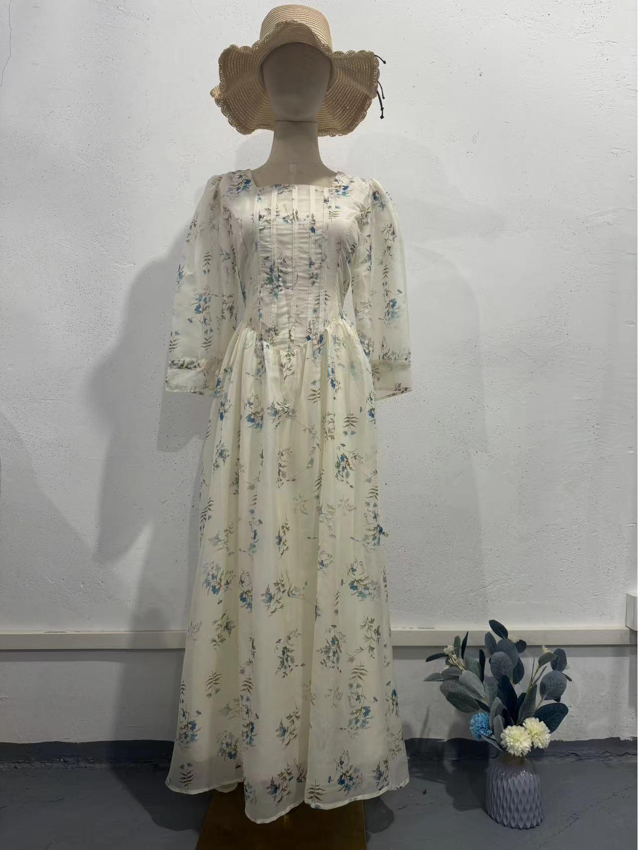 

2024 Цветочная фея квадратный вырез горловины завязка на талии длинное платье: Европейский и американский стиль Double Extra Large светло-синий