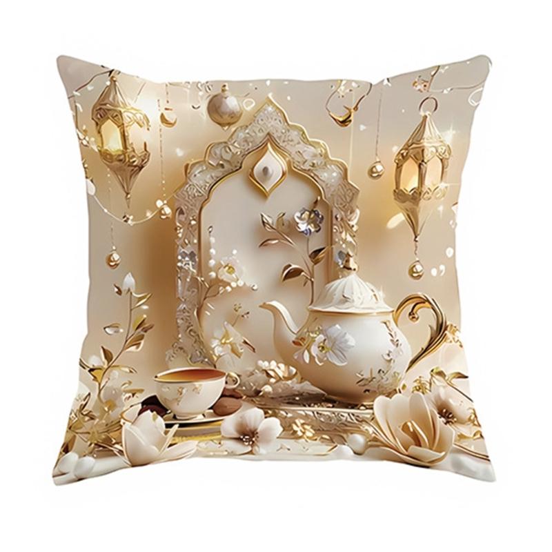 Soft Short Plush Cushion Cover Gold Moon Ethnic Festival Print 45x45cm Standard Size for Home Decoration