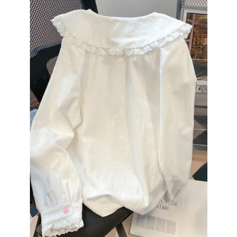 2024 frühling Bluse Frauen Japanischen Kawaii Nette Spitze Patchwork Peter Pan Kragen Hemd Vintage Süße Stickerei Top Blusas Feminina