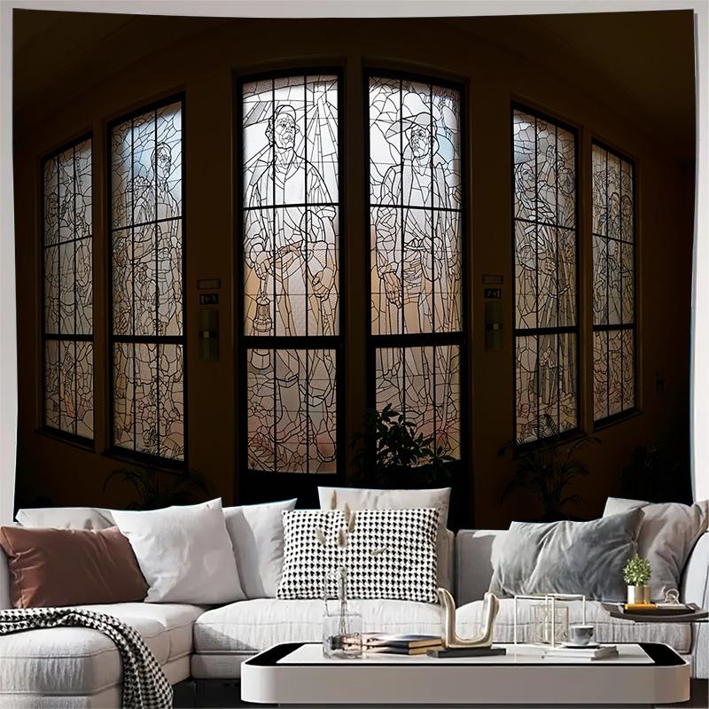 Stained Glass Window Church Scene Wall Tapestry Machine Washable All Season Decor Print Religious Design Home Durable materials