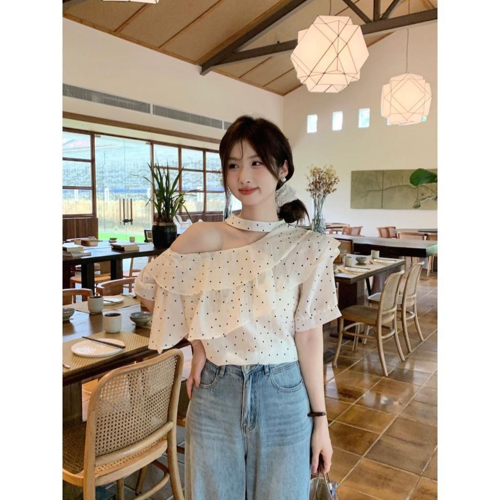 Summer loose and sweet temperament top simple polka dot off-the-shoulder ruffle edge neck shirt women's chiffon shirt short sleeve summer