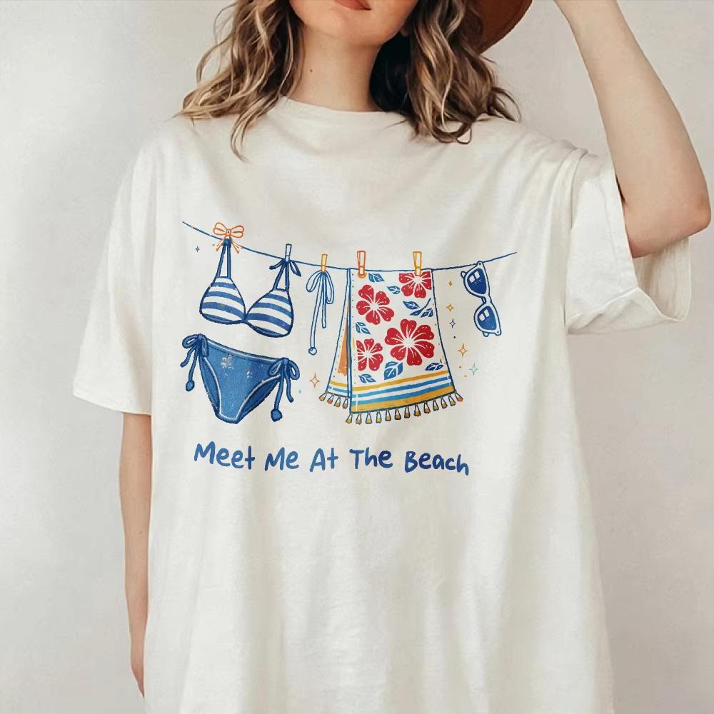 Unisex Meet Me At The Beach Bikini Floral Towel Print T Shirt Short Sleeve Cotton Tee Seaside Vacation Casual Streetwear Tops