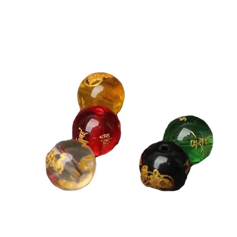 Five-Way Glass Wealth Buddha Beads: Glazed Gold Engraved Round Beads for DIY Prayer Bracelets
