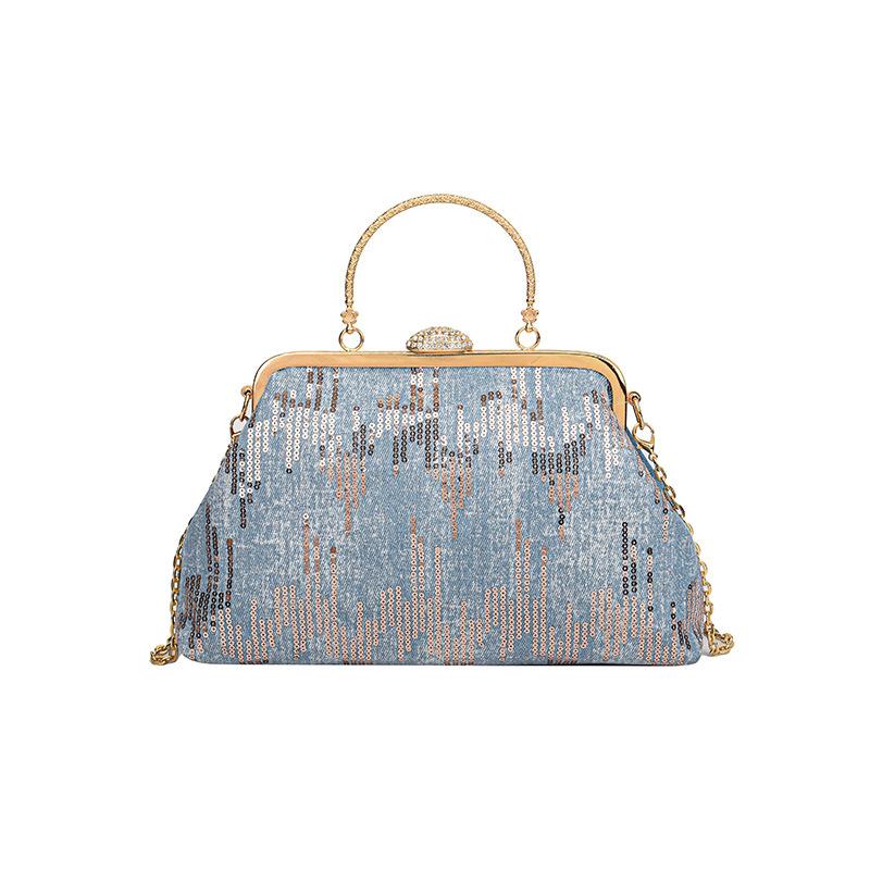 

Текстурированная сумка женская портативная осенне-зимняя сумка-клипса в форме ракушки модная и простая с пайетками и цепочкой светло-синий