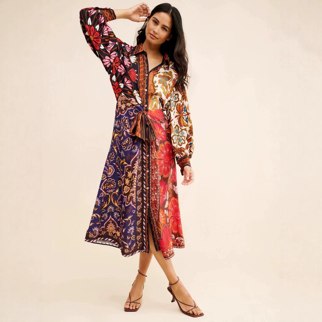 European and American Retro Ethnic Style Color Matching Printed Shirt Dress Strap Waist Split Temperament Holiday Style Medium and Long Dress