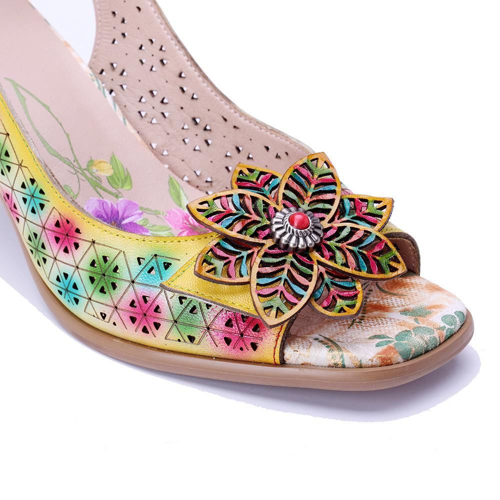 Johnature Genuine Leather Retro Baroque Style Hollow Out Colorful Three-dimensional Flower High-heeled Sandals