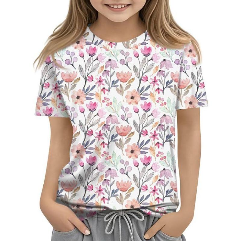 Children's Casual Versatile Pattern Children's Women's Short Sleeved Round Neck T-shirt