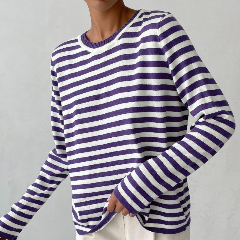 Round Neck Knitted Striped Sweater All-match Classic Retro Striped Pullover Sweater Women