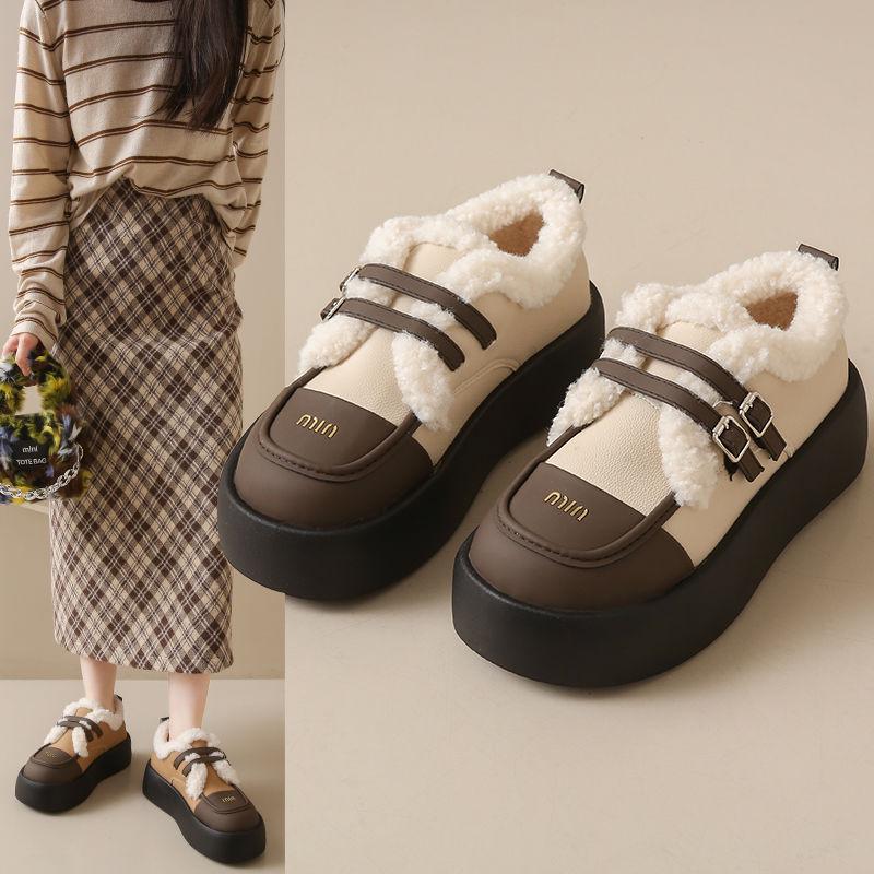 Dámské mokasíny na silné podrážce, kožené Mary Janes s velurovou podšívkou, podzimní/zimní teplé bavlněné boty, britský styl, off-white/černé.