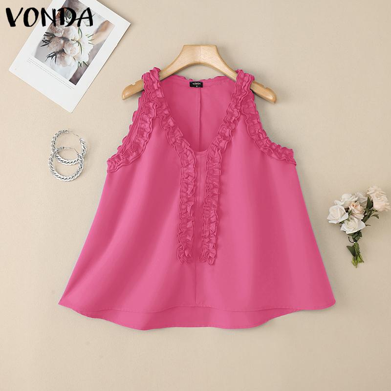 

VONDA Women Sleeveless V Neck Solid Color Ruffled Casual Tank Tops 5XL темно-рожевого кольору