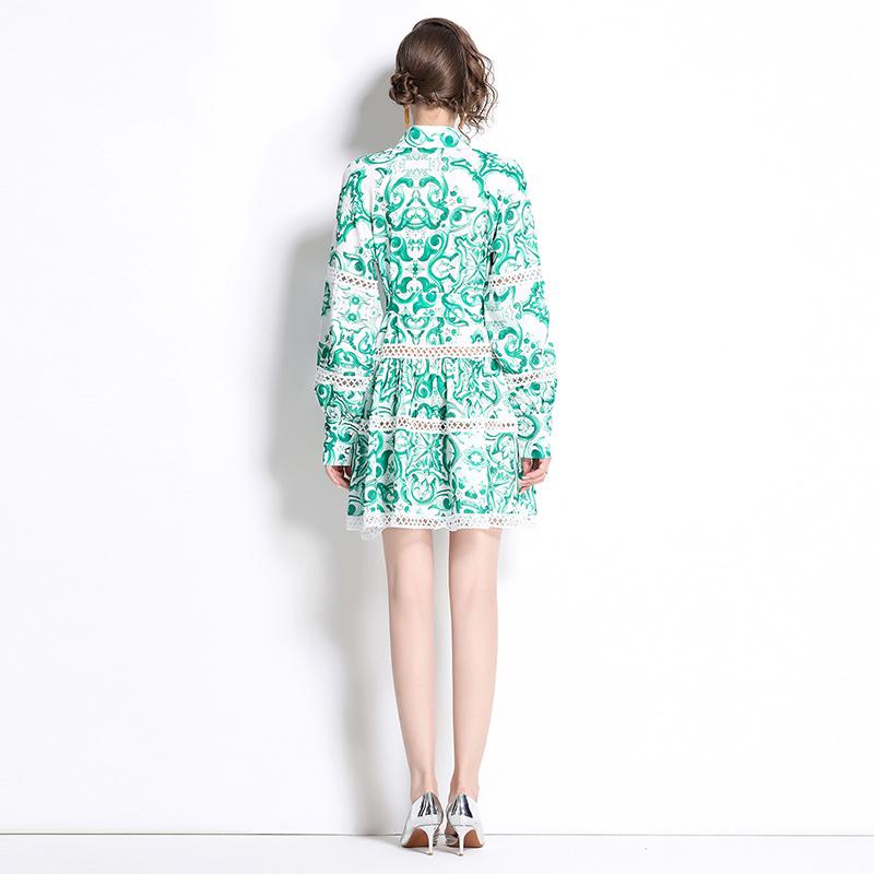 Jarní Podzimní Dámské Jednořadé Tištěné Vystřihované Krajkové Patchworkové Společenské Šaty