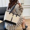 Minimalist Large Capacity Canvas Tote Bag with Brown Faux Leather Gold Turn Lock Detail Spacious Shoulder Purse for Daily Use