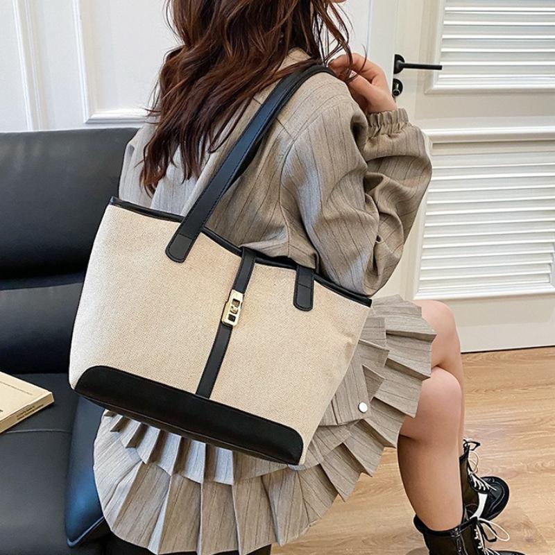 Minimalist Large Capacity Canvas Tote Bag with Brown Faux Leather Gold Turn Lock Detail Spacious Shoulder Purse for Daily Use