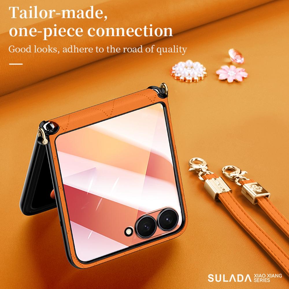 SULADA For Samsung Galaxy Z Flip7 5G Case Rhombus Leather+PC Phone Cover with Shoulder Strap
