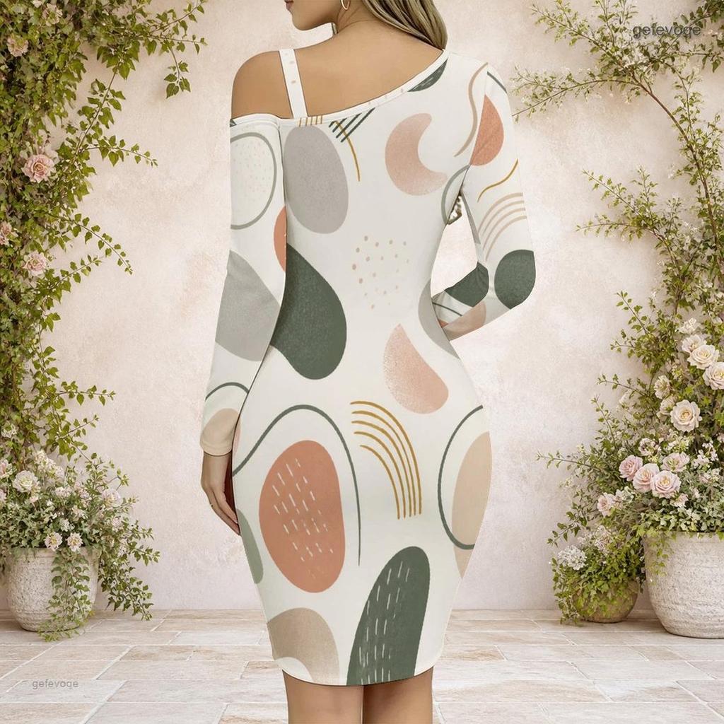 Women Plus Size Chain Strap Cold Shoulder Long Sleeve Printed Asymmetric Hem Bodycon Dress