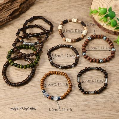Europese & Amerikaanse Retro Levensboom Kokosnoot Multi-laags Armbanden Set: 10 Handgemaakte Elastische Koord en Houten Kralen Stukken