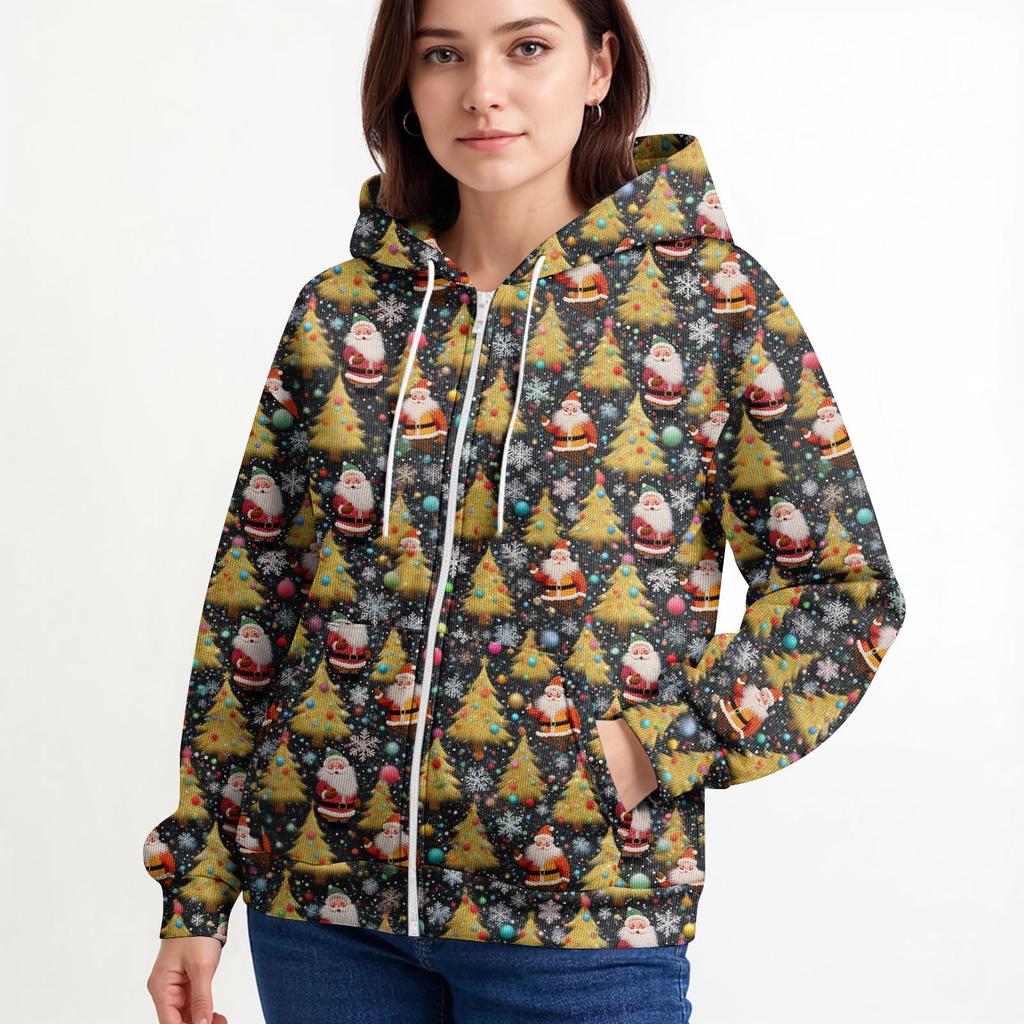 Women's Casual Fashion Long-Sleeved Zip-Up Christmas Print Knitted Hoodie