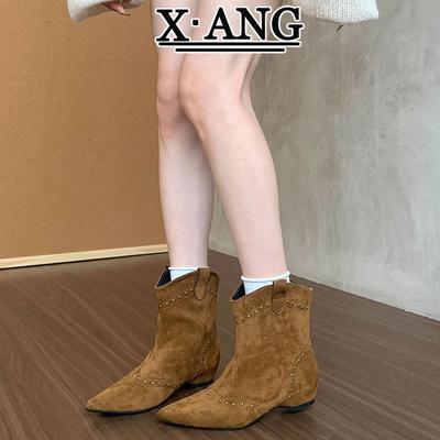 Rindsleder Innenhöhenerhöhung braune kurze Stiefel Kinder Martin Stiefel Herbst und Winter neue elastische dünne Stiefel mittelhohe Stiefel