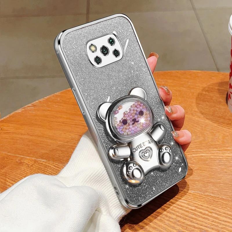 PocoX6 Pro Cute Bear Holder Bracket Glitter Plating Case On for Xiaomi Mi Poco X6 X3 X5 M6 M5 M5S M4 M3 F5 F3 F4 Pro Stand Cover