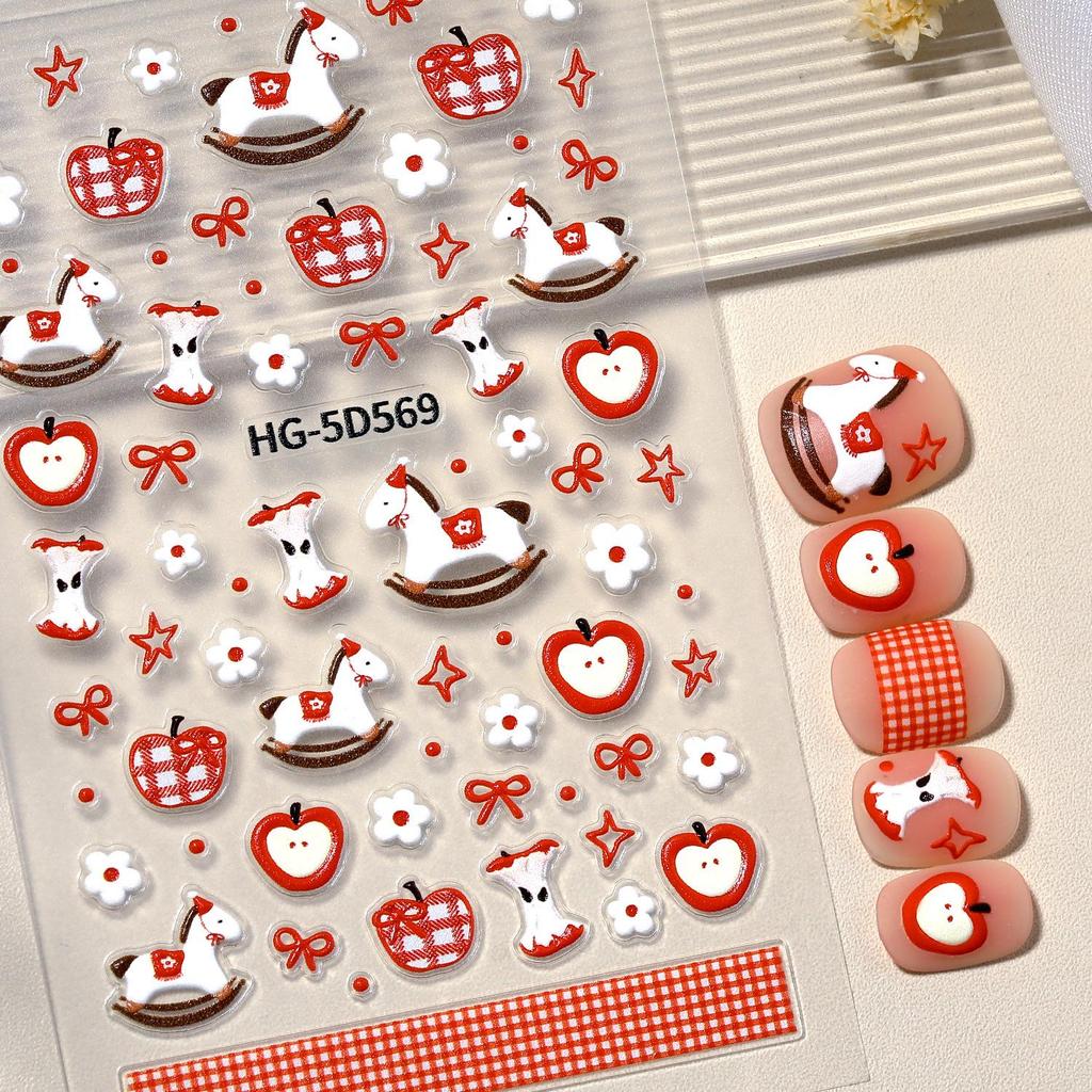 5D Embossed Nail Stickers: Floral, Cartoon, National Style, Fruit Designs, Hot Stamping