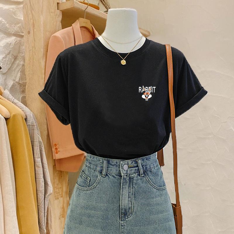 

Shoulder cotton short-sleeved t-shirt women s crew neck white top fashionable versatile and thin foreign style inner summer tide 3XL