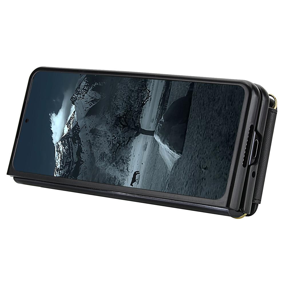 For Samsung Galaxy Z Fold4 5G Case Kickstand Card Slots Leather Coated TPU Cover with Shoulder Strap