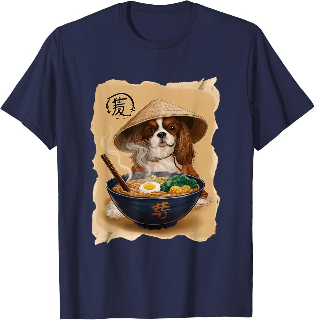 Cavalier King Charles Spaniel Eating Ramen Graphic T-Shirt Cool Asian Style Print Men's Casual Tee