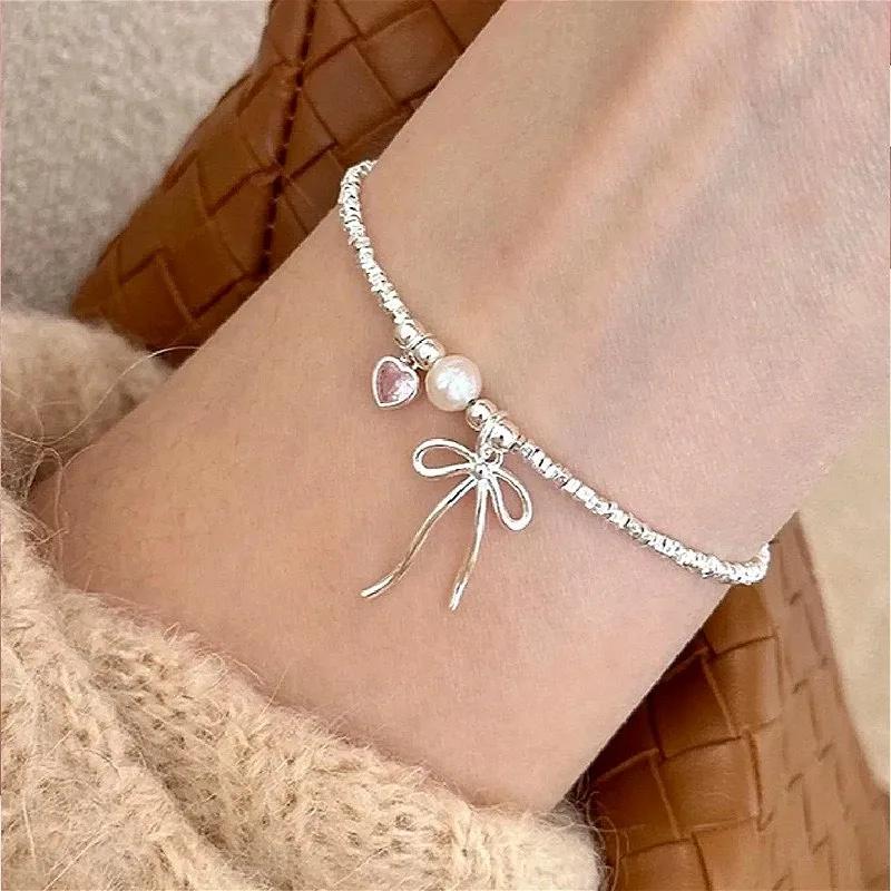 925 Silver Pearl Bracelet Women Girls Vintage Korean Pink Love Bow Chain Party Jewelry Luxury Gift