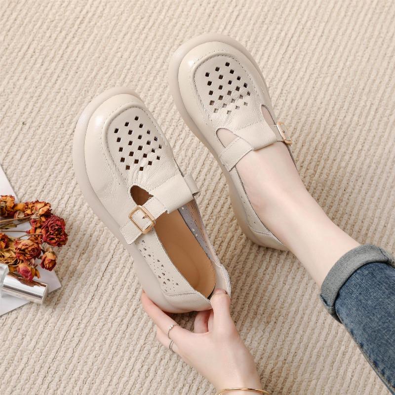 2026 Summer Genuine Leather Shoes Women Sandals Flat Holiday Fashion Brand Ladies Sandals Breathable Holes Black Green Plus Size 41