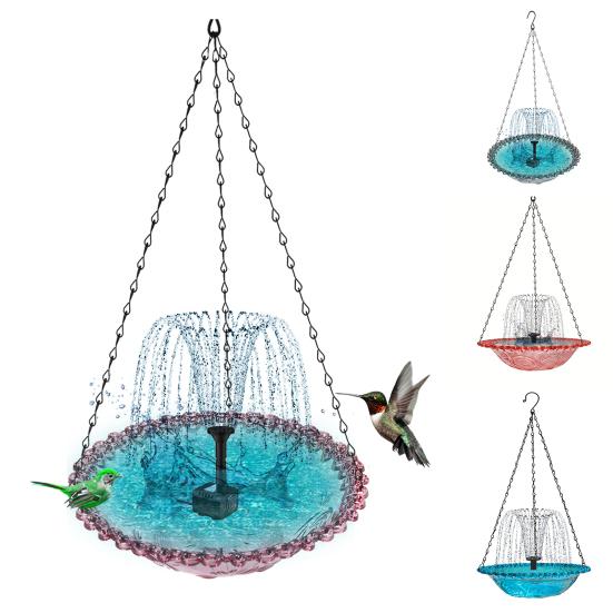 Solar Cascade Fountain Birdbath Solar Powered Fountain Bird Bath Hanging Glass Bowl Birdbath Attracts Wild Birds Hummingbirds for Outdoor Garden Yard