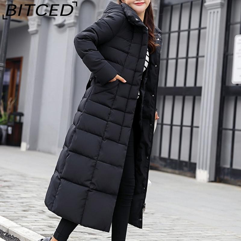 BITCED Winter Women's Cotton Coat - Extended Length with Large Fur Collar Thickened Long-Length Women's Down-Filled Cotton Jacket