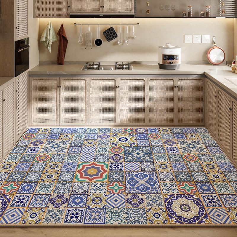 Rug for Kitchen Waterproof Floor Mat Pvc Leather Non-slip Carpet Large Blue Carpets Retro Classic Pattern Home Decoration Rugs