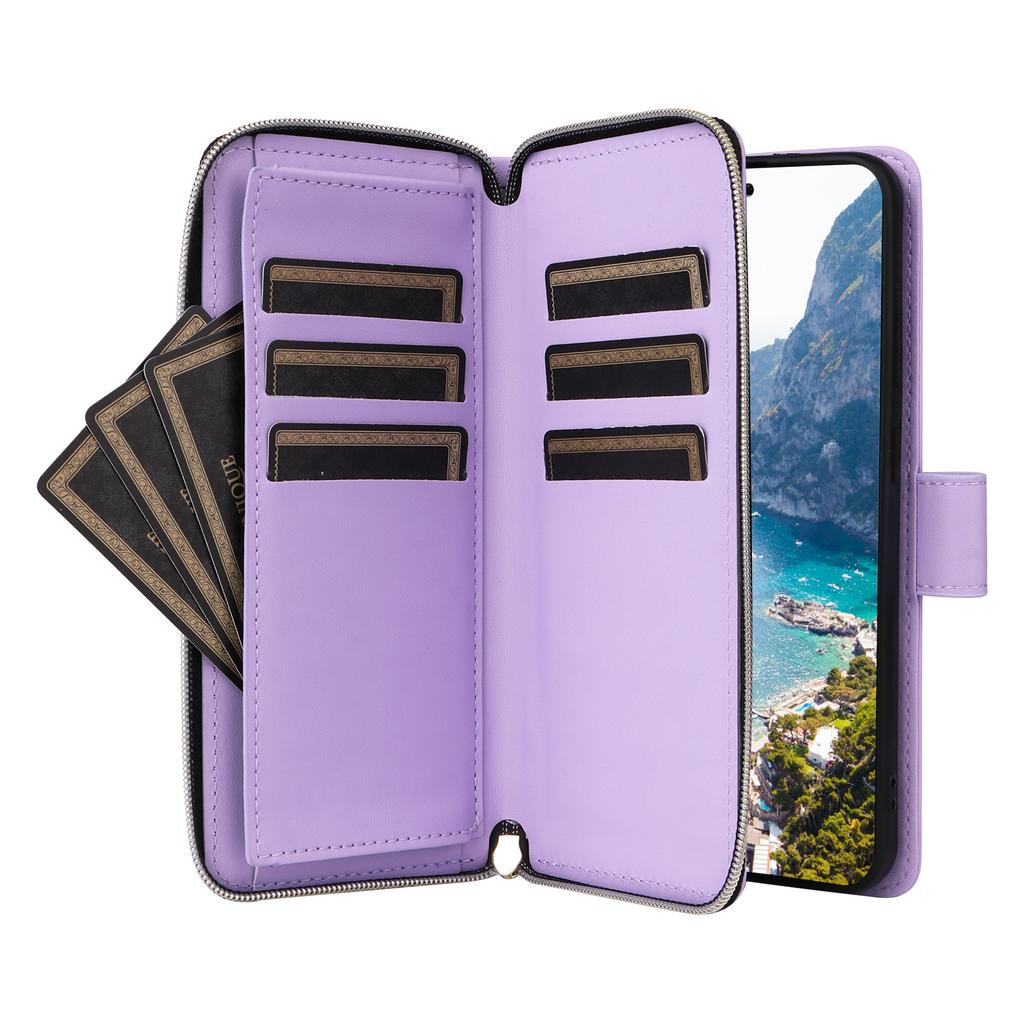 For Samsung Galaxy S24 Phone Case Leather Flip Cover with Rhombus Zipper Pocket