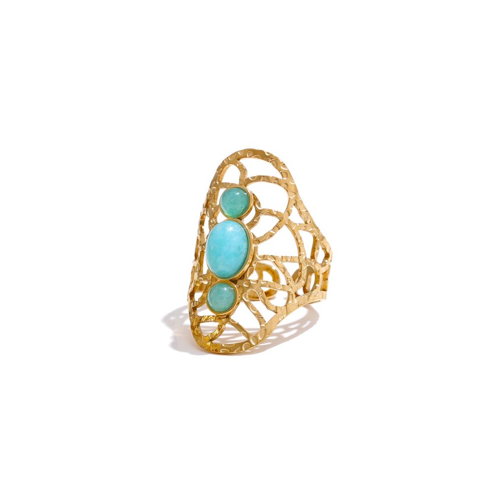 

Yhpup Exquisite White Blue Natural Stone Hollow Adjustable Ring for Women Stainless Steel Rust Proof Golden Finger Jewelry resizable