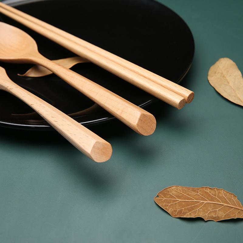 Chopstick Spoons Fork Handmade Japanese Natural Wood Chopsticks Spoon Set With Gift Pocket Beech Tableware