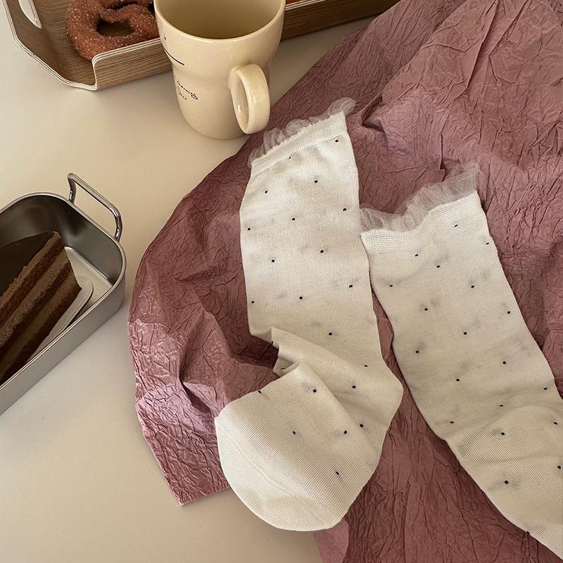 Miu Style Women’s Polka Dot Lace Trim Mid-Calf Slouch Socks - Thin, Breathable, Trendy, Seamless Cotton for Spring/Summer.