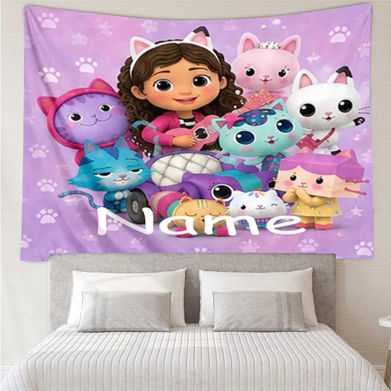 Custom Name Gabby’s Dollhouse Print Tapestry, Backdrop, Easy Setup, Ideal for Bedroom, Office & Living Room, with Aesthetic Wall Hanging Decor.